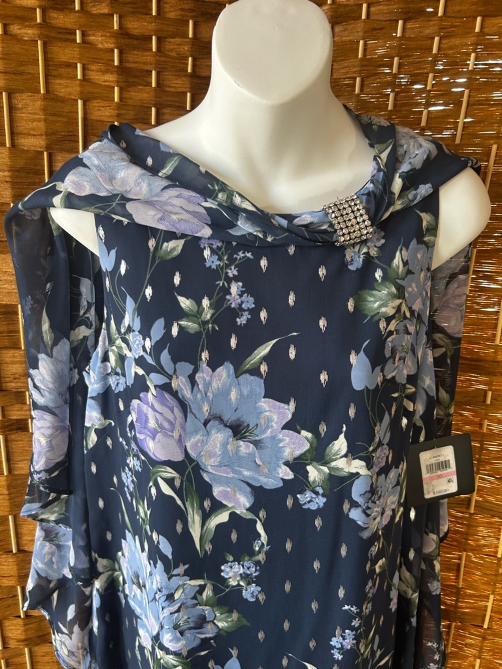 Floral Chiffon Cocktail Dress Size 10 Navy Rhinestone Scarf JH Evenings NWT